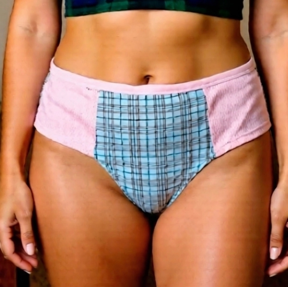 Rue21 Blue Plaid and Pink Mesh Boyshort Bikini Bottom